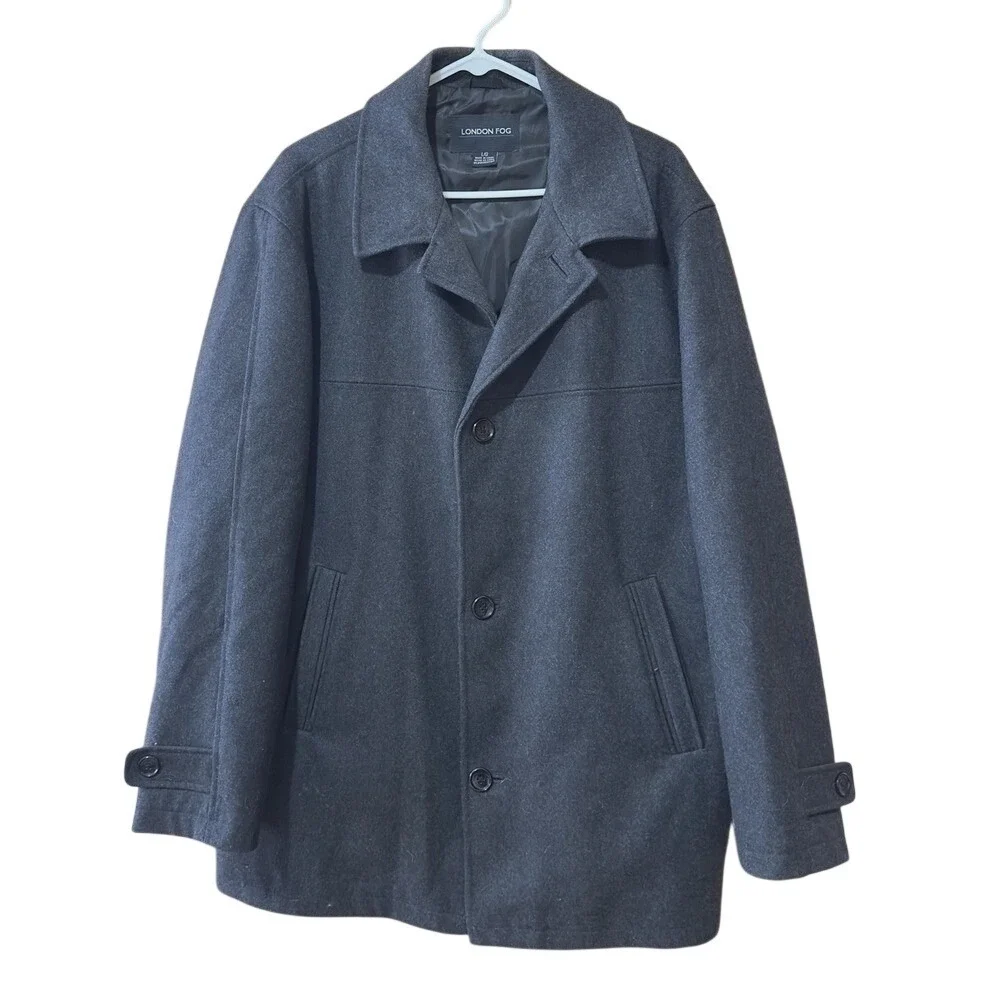 London Fog Wool Blend Coat Mens L Dark Gray 4 Button Pockets Mid Length Pea Coat